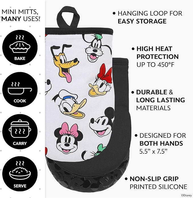 Disney Mickey & Friends Mini Oven Mitts, 2-Pack, Heat Resistant 450F | Compact 5.5"x7.5" pot holders for kitchen, printed silicone offers non-slip grip, ambidextrous, hand wash or spot clean