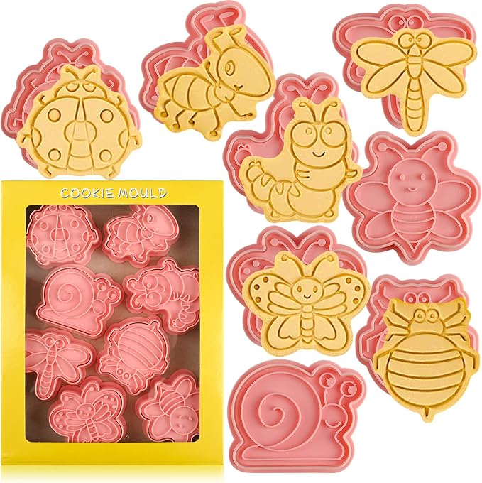 Insect Cookie Cutters Set, 8 Pcs Cookie Cutter with Plunger Stamps | Cute Cookie Cutters for DIY Biscuit Snacks Cheese Baking, Different Shapes, Rich Details and Textures