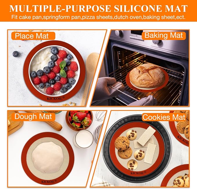 Round Silicone Baking Mats Set of 2,Silicone Mat for 9 Inch Cake Pan Pizza Pan,Non-Stick Reusable Heat Resistant Baking Sheets Liner for Cookies Rolling Pie Tortilla Bread & Pastry, Orange