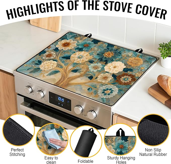 NYZE Stove Top Cover for Electric Stove 28x20 Inch Silicone Stove Topper & Protector, Decorative Kitchen Mat for Electric/Glass Stove Top (Cream & Gold Floral Tree)