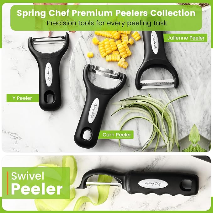 Spring Chef Swivel Vegetable Peeler for Kitchen w/Soft Grip Handle, Black | Premium Potato Peeler w/ Ultra Sharp Stainless Steel Blades, Multifunctional Veggie Peeler for Apple, Carrot, Cucumber, Fruit