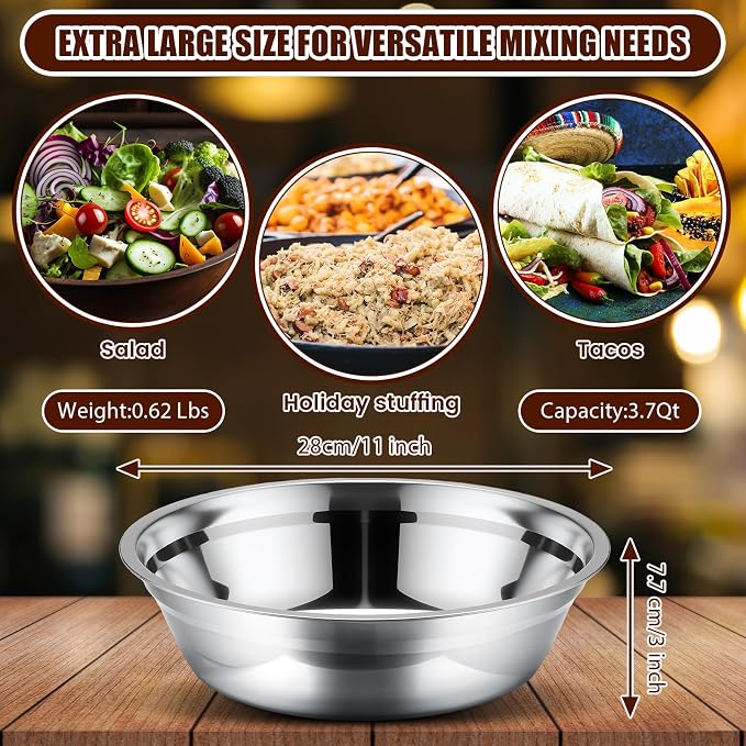 Nuogo 4 Pcs Stainless Steel Mixing Bowls Metal Mixing Bowls Extra Large Basin Salad Basin Deeper Edge Dishwasher Safe Mirror Finish for Home and Commercial, Silver (11 Inch 3.4 Qt)