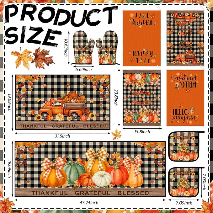 Fourluoo 10 Pcs Kitchen Dish Towels Rugs Oven Mitts and Pot Holders Set Farmhouse Kitchen Decor Set for Women Mom Daughter Gift Cooking Baking Grilling(Harvest Color,Pumpkin)