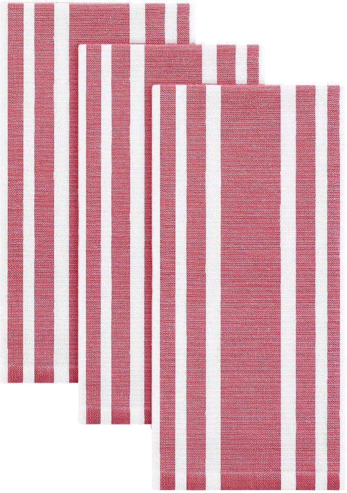 Homaxy Premium Cotton Stripe Kitchen Towels 3 Pack, 18"x 28", Red | Large 380 GSM Kitchen Hand Towels, Soft Terry Dish Towels, Highly Absorbent Tea Towel Set with Hanging Loop