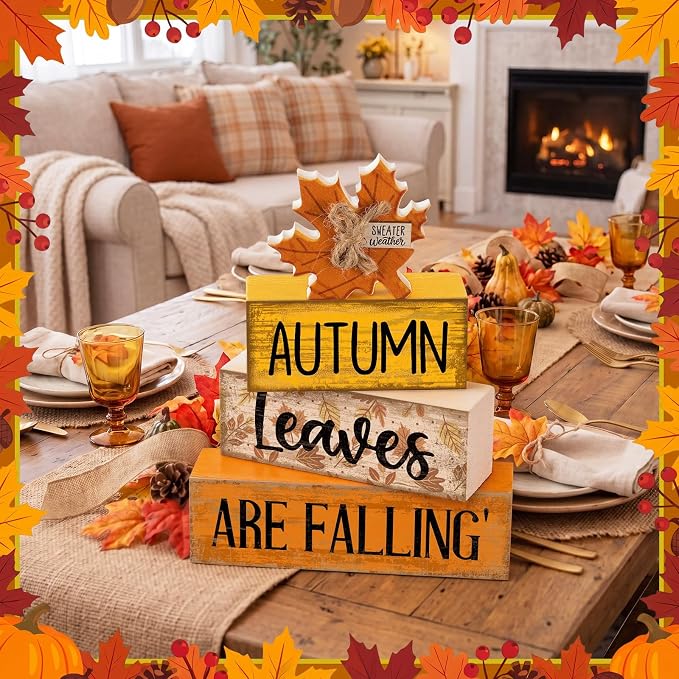 Lineshading 4 Pcs Wooden Fall Block Signs Farmhouse Tabletop Tiered Tray | Rustic Autumn Theme, Stackable Wooden Blocks for Mantel Shelf, Thanksgiving Seasonal Gift, Farmhouse Style Home Accents