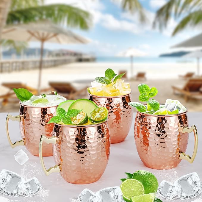 Amrules 4 Pcs 16oz Moscow Mule Mugs Hammered with Angled Handle, Copper | 304 Stainless Steel Lining, Delicate Hammered Finish, Firm Handle, for Cold Drinks, Cocktails, Wine, Beer, Bars & Parties