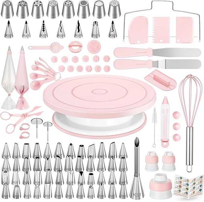 Kootek 158 Cake Decorating Kit Baking Supplies Tools for Beginners & Pros | Cake Stand Turntable, Icing Piping Tips, Disposable Reusable Pastry Bag, Spatulas, Video Tutorial, Pattern Chart