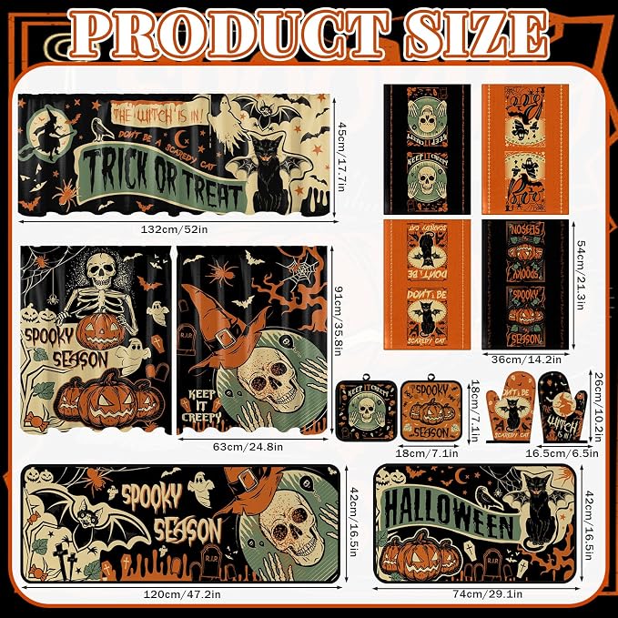 13 Pcs Halloween Gothic Kitchen Set with Towels Terror Forest Bat Nonslip Mats Skull Curtains Valance Pot Holders Oven Mitts for Halloween Kitchen Dining Table Home Accessories
