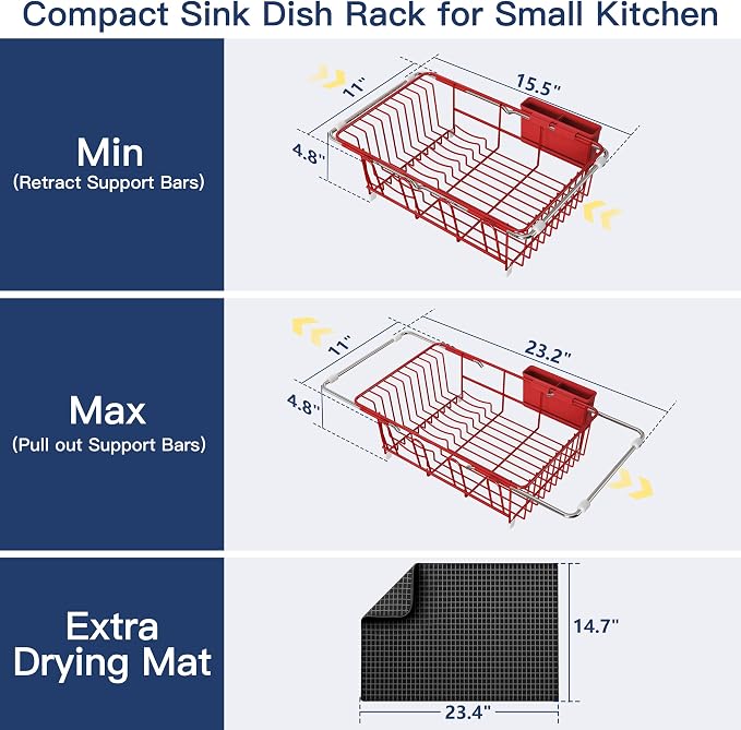 JASIWAY Red Dish Drying Rack in Sink with Mat, Cups and Utensil Holder | Use Over the Sink or Counter, Stainless Steel Expandable Dish Drainer for Small Kitchen, Space Saving, Fast Drain, Rustproof