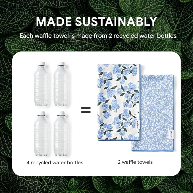 RECYCO Waffle Kitchen Towel Set of 2 - Quick Dry Microfiber Sustainable Dish Towels - Ultra Absorbent Reusable Cleaning Tea Towels - Lightweight Hand Towels,16”x 28”, Hydrangea Ball