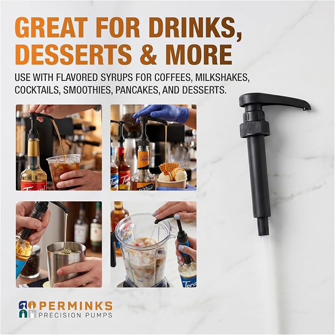 Syrup Pump, Compatible with 750ml Torani, Davinci & Skinny, 2-Pack, Black | Leak-free, 1/4oz precision pump with locking nozzle. Great for coffee bar accessories, dirty soda stations & dessert sauces