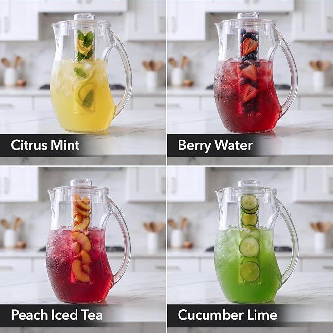 OVENTE Fruit Infusion Water Pitcher 2.5 Liters, Clear PIA0852C | With Removable Lid, Infuser Rod and Ice Rod, BPA-Free, Shatterproof Acrylic Beverage Jug for Flavor-Infused Drinks & More