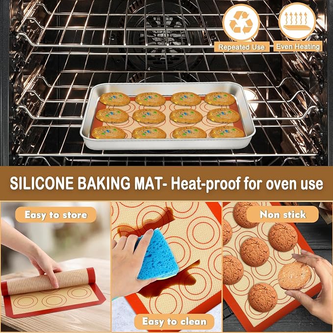 P&P CHEF 9 Inch Baking Sheet Pan Cooling Rack with Mat Set for Cookie | Stainless Steel Cookie Pan with Cooling Rack and Silicone Mat for Baking & Roasting, Oven & Dishwasher Safe, Easy Clean