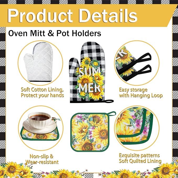8 Pcs Sunflower Plaid Kitchen Decor Accessories Set, Dish Towels Square Heat Resistant Oven Mitts and Gloves Pot Holders for Cooking Baking Mother’s Day Farmhome Gifts