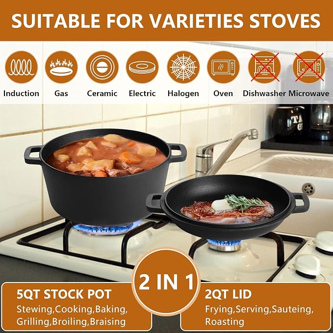 E-far Pre-Seasoned Cast Iron Dutch Oven, 5 Quart 2 in 1 Dutch Oven Pot with Skillet Lid and Silicone Bread Sling, Ideal for Bread Baking, Cooking, Stewing, Frying, Induction & Oven Safe - Black