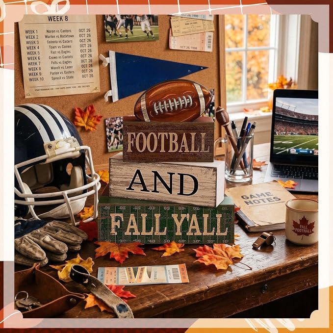 Lineshading 4 Pcs Fall Football Block Signs Wooden Farmhouse Decor | Rustic Wood Blocks with 3D Football Topper, Sport Theme Tiered Tray Decor for Table Shelf, Football and Fall Y'all Text