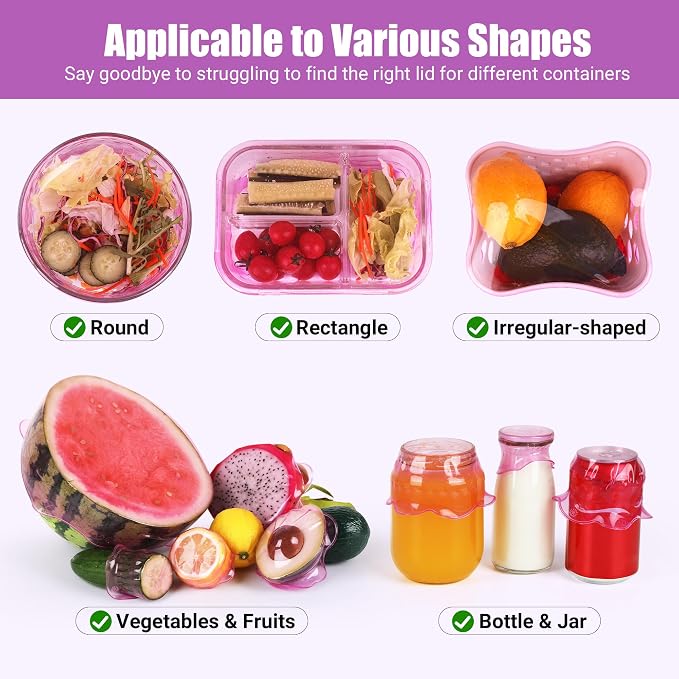 Silicone Stretch Lids for Food Storage in Fridge, Reusable Elastic Bowl Covers for Cup, Cans, Jars, Round & Rectangle Container, Food Grade Silicone Microwave Food Cover, Purple, 6PCS