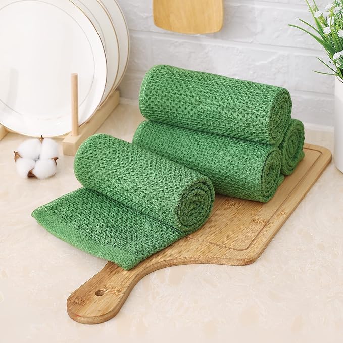 Kitinjoy 100% Cotton Waffle 6-Pack Kitchen Towels, 13" x 28", Grass Green | Super Soft, Ultra-Absorbent, Fast Drying, lightweight, Quick Drying Kitchen Hand Towels