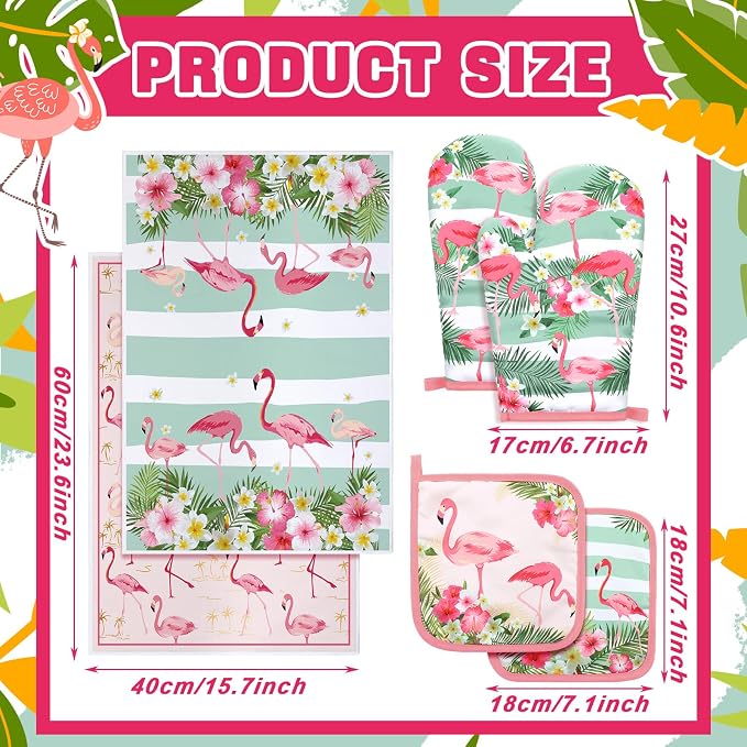 Bencailor 6 Pcs Flamingo Kitchen Towels Pot Holders and Oven Mitts Set Soft Cotton Linen Dish Towel Heat Resistant Oven Mitts for Summer Kitchen Decor Cooking Baking Grilling