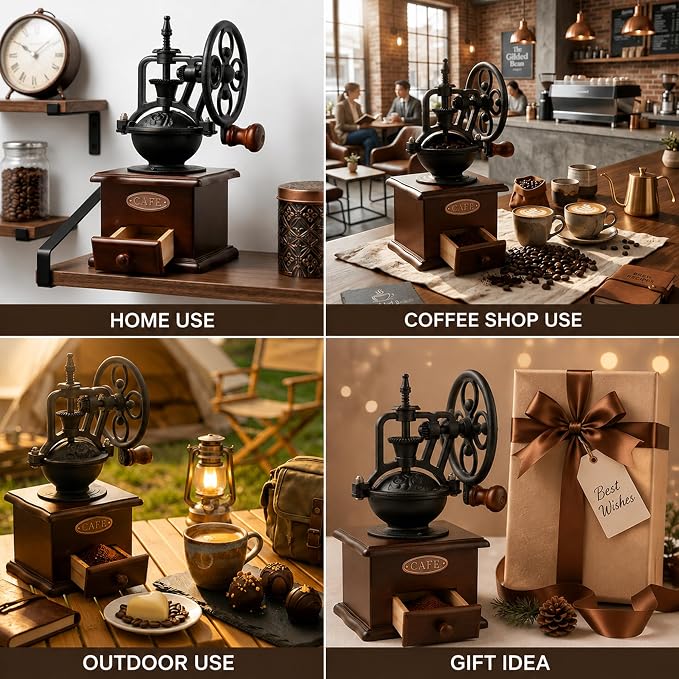 Vintage Manual Coffee Grinder with Cast Iron Ferris Wheel Hand Crank, Wooden Coffee Mill with Ceramic Burr, Adjustable Grind Size for Espresso, French Press, Pour Over, Home Barista Coffee Gift