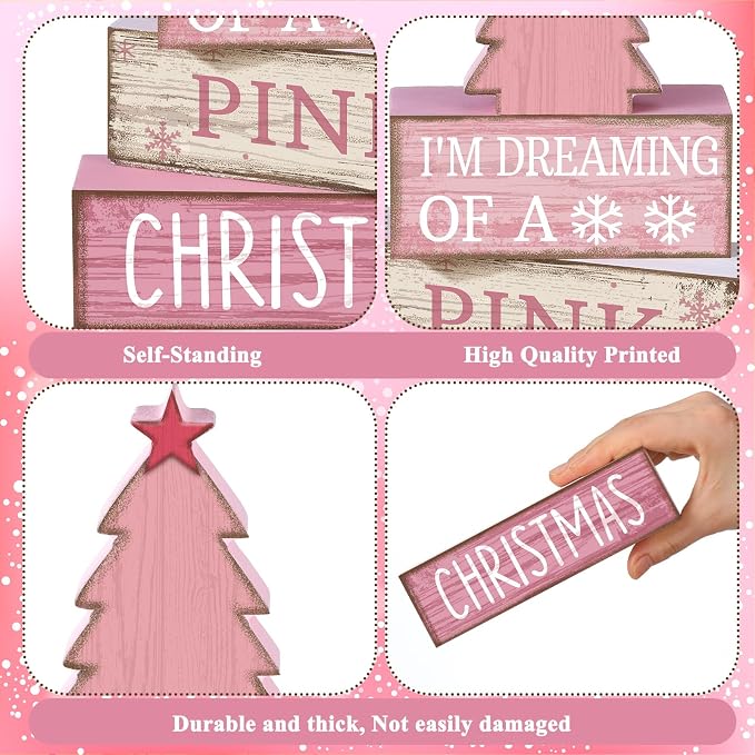 Lineshading 4 Pcs Wooden Christmas Decor Pink Tree Signs Tiered Tray | Indoor Farmhouse Tabletop Centerpiece, Pink Christmas Saying Blocks, Rustic Wood Signs for Shelves and Home