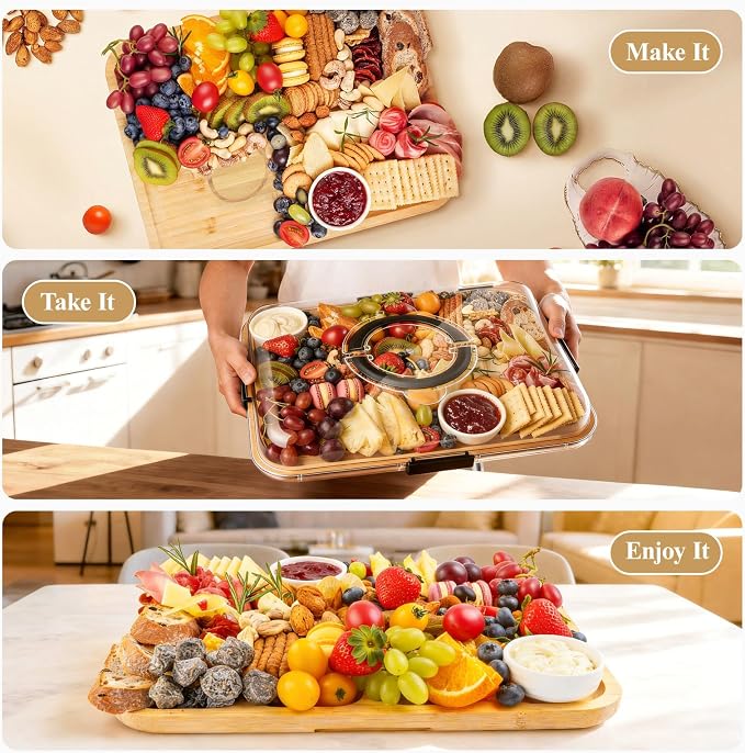 Portable Bamboo Charcuterie Board with Lid, Engraved Home Print | Includes Knife Set, Plates, Forks & Handle, Travel Serving Tray Platter for Cheese, Meat, Fruit, Housewarming Gift for Women