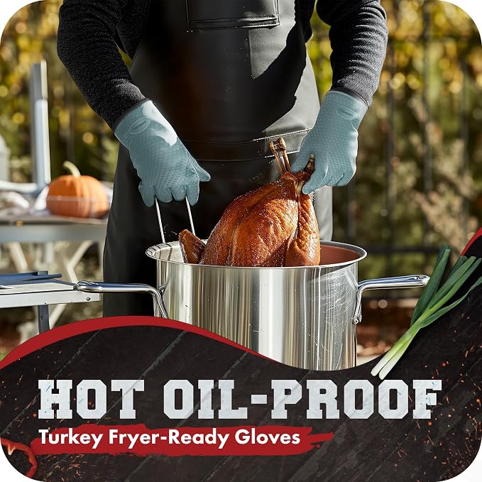 KITCHEN PERFECTION XL Silicone Smoker BBQ Gloves -Heat Resistant Oven Mitts | Waterproof, 5-Finger Design For A Better Grip, for Pitmasters, Meat Smoking, Grilling, Cooking, Frying Turkey | Grill Gift