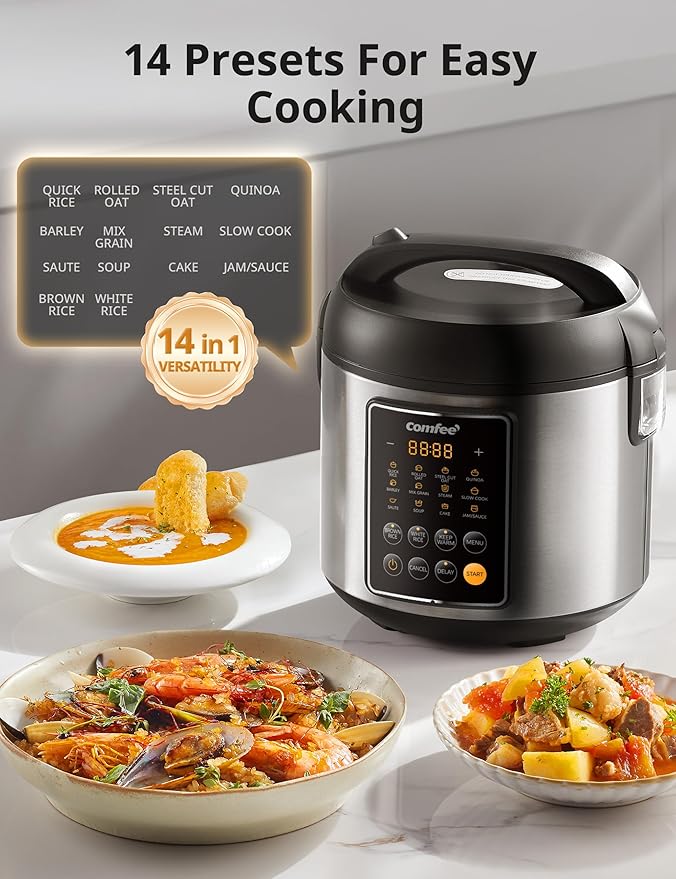 COMFEE' 14-in-1 Rice Cooker, Stainless Steel, 10-Cups Uncooked Rice