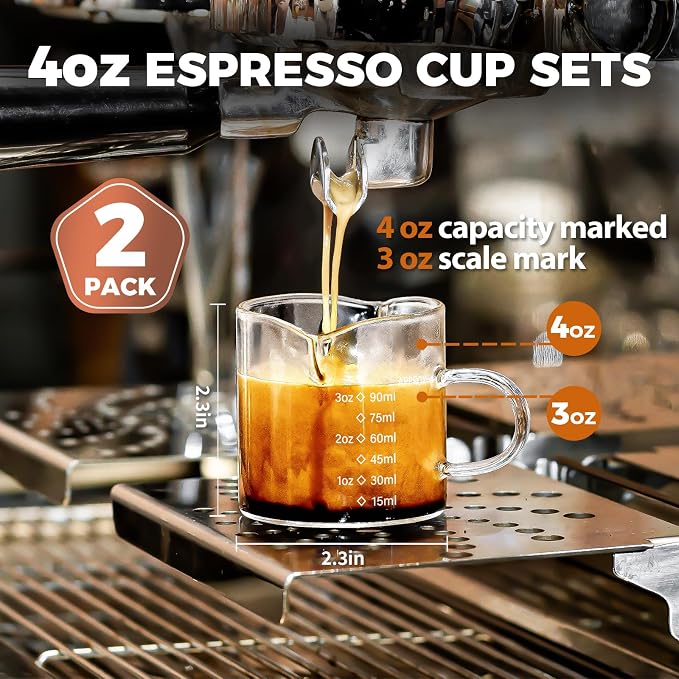 4 Oz Espresso Shot Cups Set of 2 Double Spout with Handle Measuring | Food-grade clear durable glass, Coffee bar accessories, Easy to clean, Smooth pouring, Ideal for desserts and salad dressing