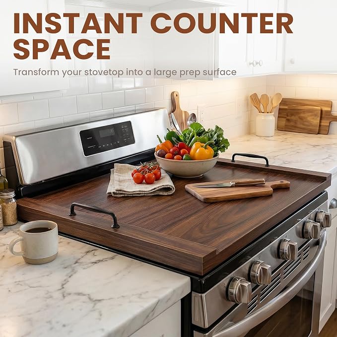 Noodle Board Stove Cover with Handles, 29.5 x 22 Inch, Walnut | Engineered Wood Cover for Electric, Gas and Glass Stove Tops, Raised Edge Serving Tray for Extra Counter Space