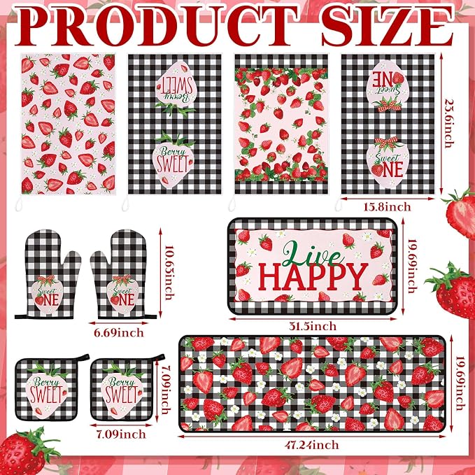 Fourluoo 10 Pcs Strawberry Farmhouse Kitchen Decor Set Dish Towels Kitchen Rugs Oven Mitts and Pot Holders Set for Cooking Baking Grilling Women Mom Daughter Gift (Mixed Color)