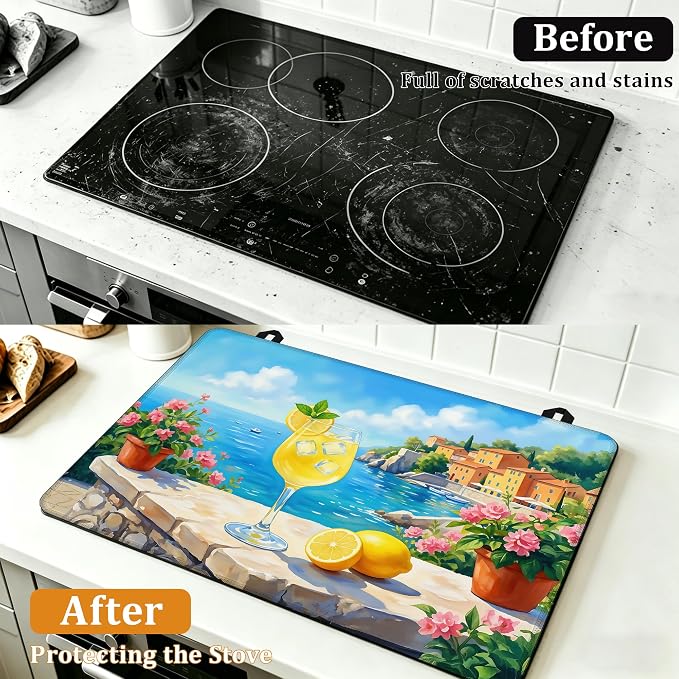 Stove Top Covers for Electric Stove,Summer Lemon Juice Flat Top Stove Cover,Potted Flowers Heat Resistant Glass Top Stove Cover Protector Anti-Slip Range Covers, 28 x 20 Inch