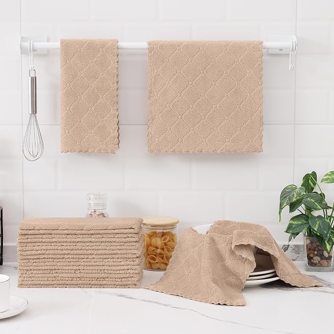 Homaxy 12 Pack Super Soft Absorbent Dish Towels, 10" x 20", Tan | Coral Velvet, Nonstick Oil Fast Drying Microfiber Cleaning Cloth, No Lint Dishcloths for washing and drying