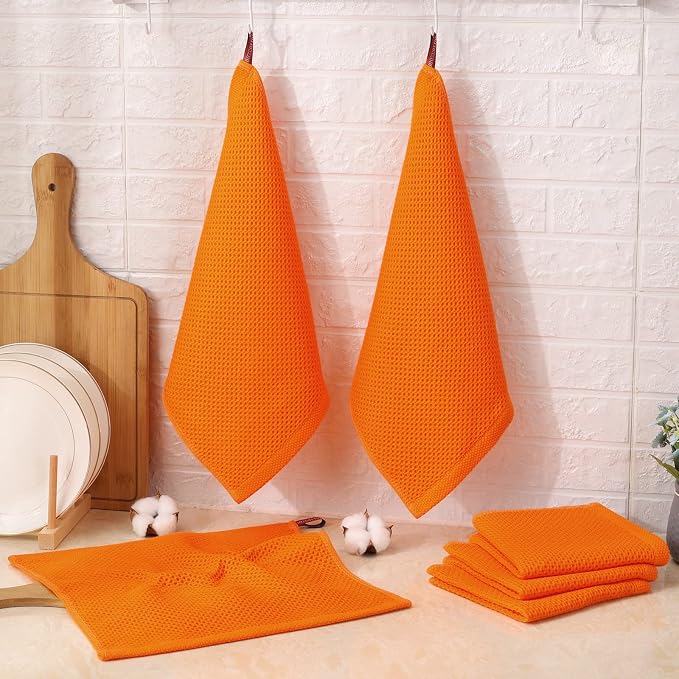 Kitinjoy 100% Cotton Waffle 6-Pack Kitchen Towels, 12" x 12", Orange | Ultra Absorbent, Super Soft, lightweight, Quick Drying Dish Rags for Washing Dishes