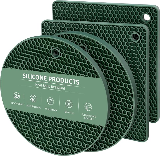 TWTLi Silicone Trivets for Hot Dishes, Set of 4 Trivet Mats, Heat Resistant Hot Pads for Kitchen Countertops, Non-Slip Honeycomb Pot Holders & Counter Protectors for Hot Pots & Pans (Green)