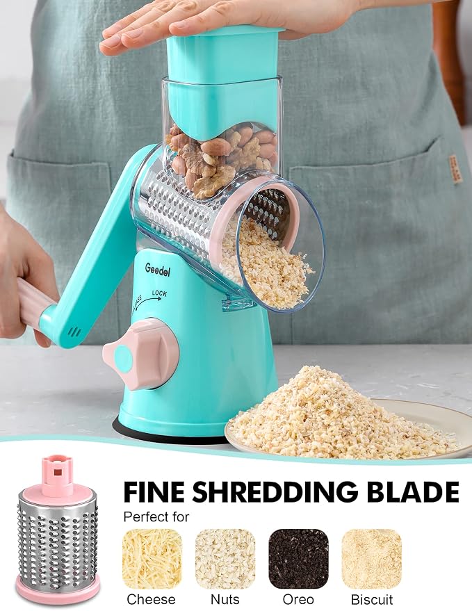 Geedel Rotary Cheese Grater, Kitchen Mandoline Vegetable Slicer with 3 Interchangeable Blades, Easy to Clean Rotary Grater Slicer for Fruit, Vegetables, Nuts | 3 Blades, 430 Stainless Steel, 12x Fast Cutting, Strong Suction Base, No BPA, Dishwasher Saf...