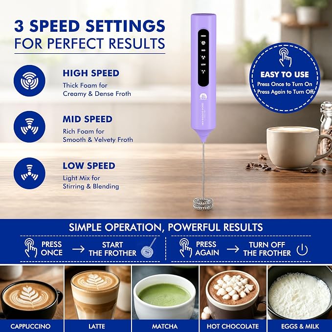 Rechargeable Milk Frother with Stand, 4 Interchangeable Whisks & Travel Case – Handheld Mixer for Lattes, Matcha, Hot Chocolate, Eggs & Protein Shakes