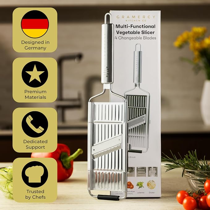 Gramercy Handheld Mandoline Slicer for Kitchen - Stainless Steel Veggie & Fruit Slicer with 4 Blades - Slicer, Julienne & Grater, Cut Resistant Safety Glove & Cleaning Brush Included, Dishwasher Safe