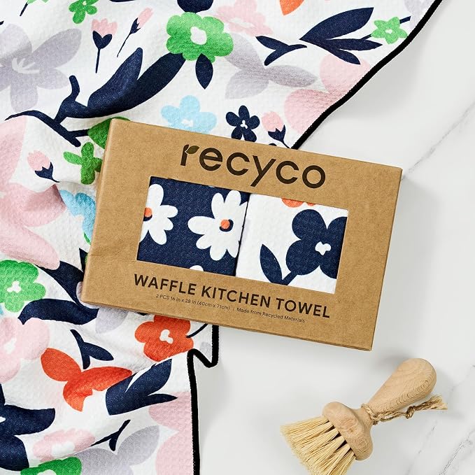RECYCO Waffle Kitchen Towel Set of 2 - Quick Dry Microfiber Sustainable Dish Towels - Ultra Absorbent Reusable Cleaning Tea Towels - Lightweight Hand Towels,16”x 28”, Whimsy Petals