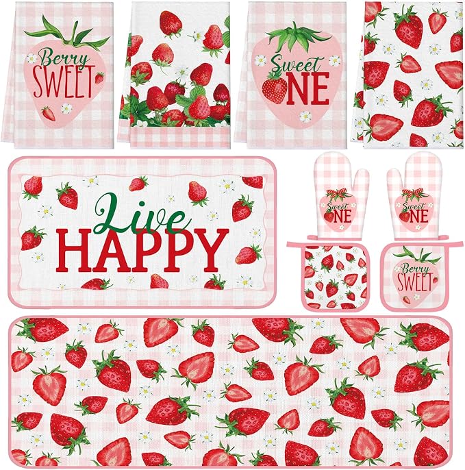 Fourluoo 10 Pcs Strawberry Kitchen Decor Sets 4 Pink Plaid Kitchen Dish Towels 2 Cute Pot Holders 2 Oven Mitts Glove 2 Summer Non Slip Rugs and Mats for Floor Home Decorations Accessories Mom Gift