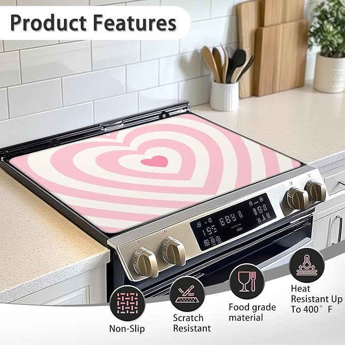 Electric Stove Top Cover Protector – Pink Love Heart Glass Flat Top Stove Mat Oven Induction Cooktop Mat for Ceramic Countertop Mats Heat-Resistant Dish Drying Mat