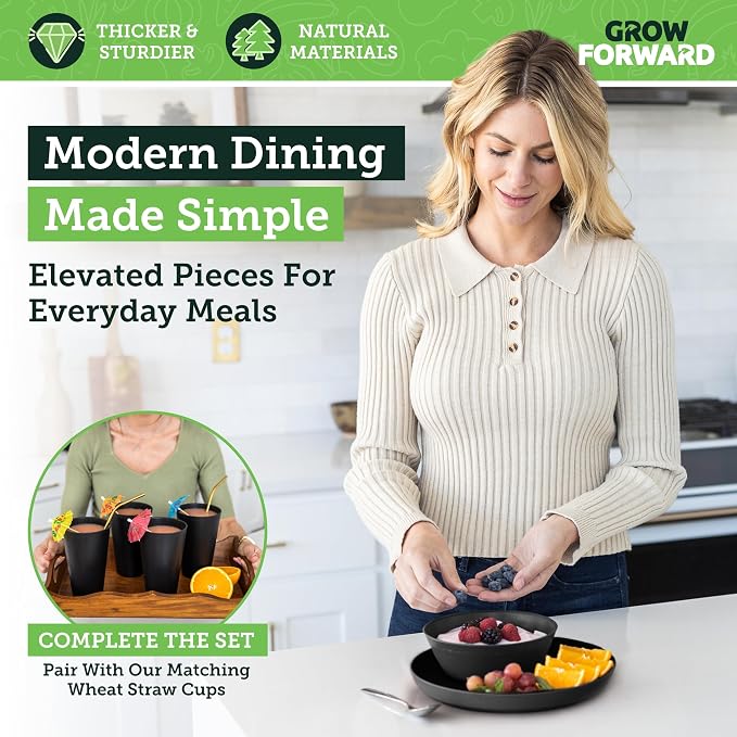 Grow Forward Premium Wheat Straw Plates and Bowls Sets - 8-Piece Wheat Straw Dinnerware Sets - Unbreakable & Reusable Microwave Safe Plastic Dinner Plates for Outdoors, RV, Camping Dishes - Midnight