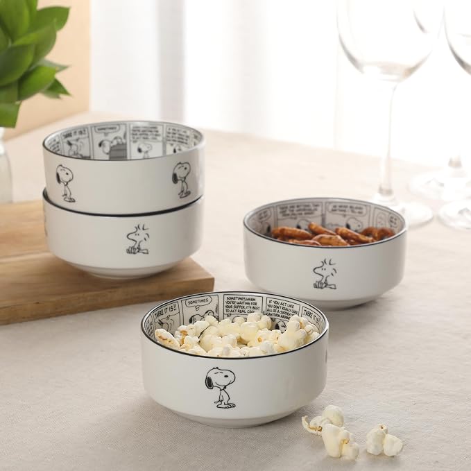 Peanuts Snoopy Cereal Bowls, Set of 4, 4.5-Inch Porcelain Snack Bowls for Ice Cream and Dessert, Sunday Comic Strip Design with Snoopy and Woodstock, Black and White