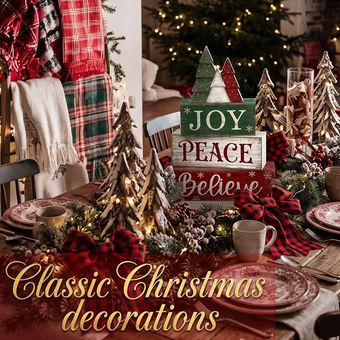 Lineshading 4 Pcs Christmas Table Decor, Wooden Tree Block Sign Home Tray | Red Green White Rustic Tree, Christmas Centerpiece For Tiered Tray, Wooden Block Display, Holiday Kitchen Shelf Home Decor