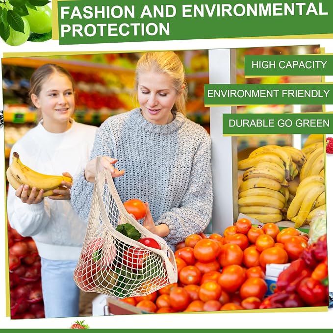 Paterr 50 Pack Cotton Mesh Produce Bags Bulk,Short Handle,Beige | Reusable Mesh Grocery Bags Bulk, Washable Net Market Tote String Shopping Bags, for Vegetable Fruit Beach Picnic Food Storage