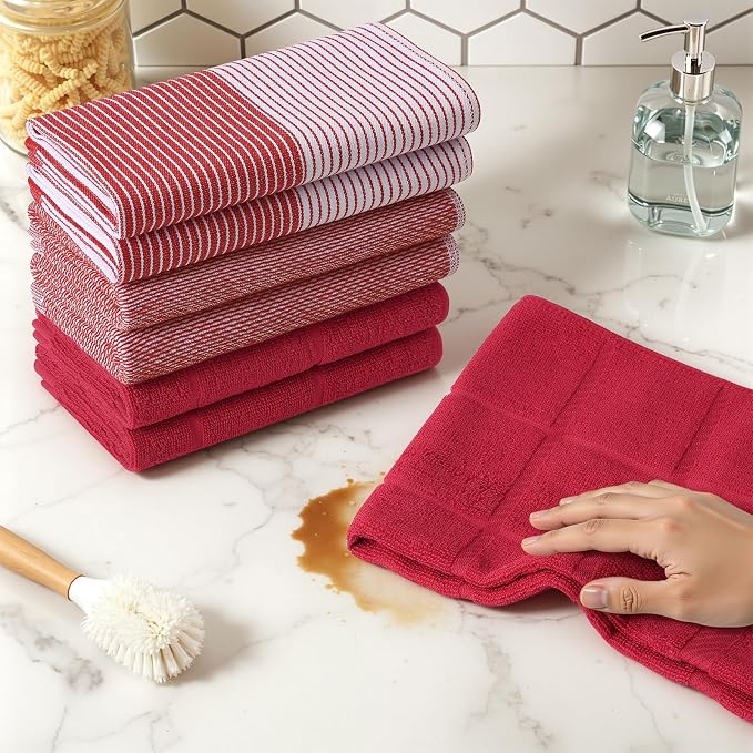 Homaxy 9 Pack Cotton Terry Premium Kitchen Towels, 18 x 28 in, Red | Large 380 GSM Dish Towels, Highly Absorben Flat & Terry Kitchen Hand Towels, Soft Utility Tea Towel Set with Hanging Loop