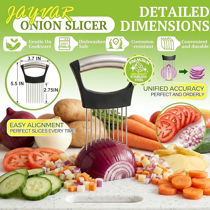 JAYVAR Onion Holder for Slicing, 304 Stainless Steel | 10 Long Needles, Vegetable Chopper, Food Slicing Guide, Multi-Purpose Cutter for Tomato Potato