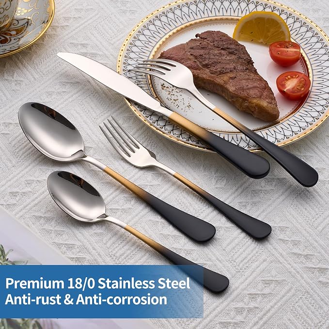 20-Piece Black Gold and Silverware Set, 18/0 Stainless Steel Colorful Handle Flatware Set,Service for 4,Modern Cutlery Set Includes Dinner Knives Forks Spoons,Mirror Polished,Dishwasher Safe