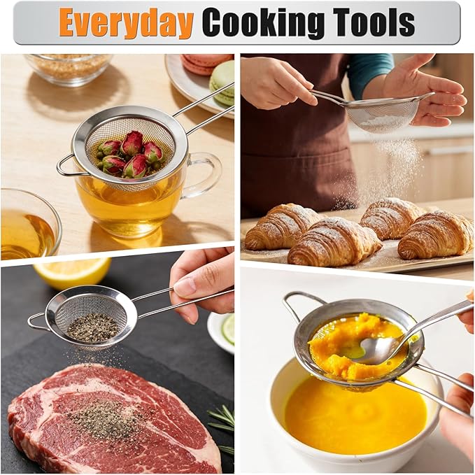 4PCS Fine Mesh Strainer Set, Premium Stainless Steel Fine Mesh Strainers, Food Fine Sieve with Non-Slip Handle, Perfect for Juice, Baking Flour, Drinks, Cocktails, Rice, Jam, Tea(2.8"/3.2"/3.9"/4.7")