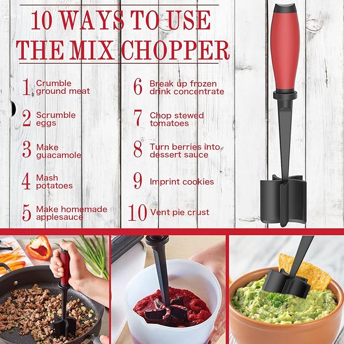 Meat Chopper Ground Beef Masher Tool for Hamburger | 5 Curve Blades Heat Resistant Meat Masher Tool, Turkey and More, Nylon Hamburger Chopper Utensil Non-scratch Utensils-Red